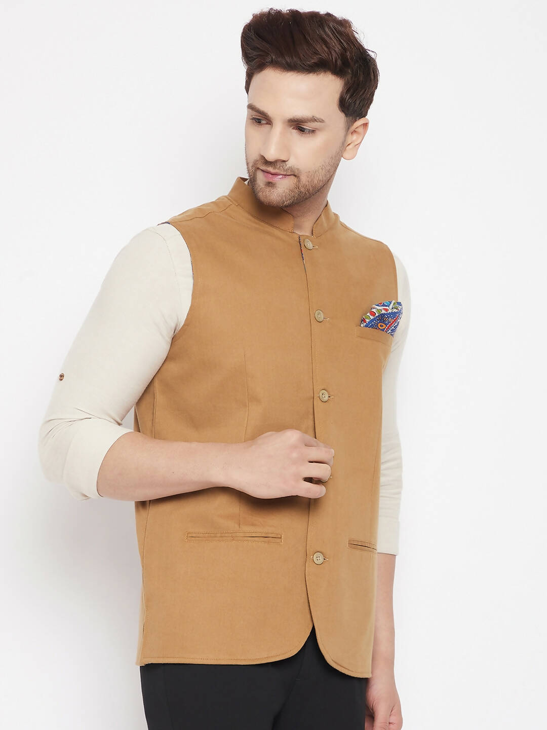 Even Apparels Brown Polyester Men's Nehru Jacket-Contrast Lining-Inbuilt Pocket Square - Distacart