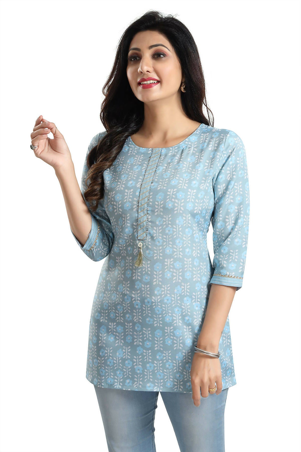 Snehal Creations Pretty Pastel Sky Blue Rayon Short Kurti Tunic Top - Distacart