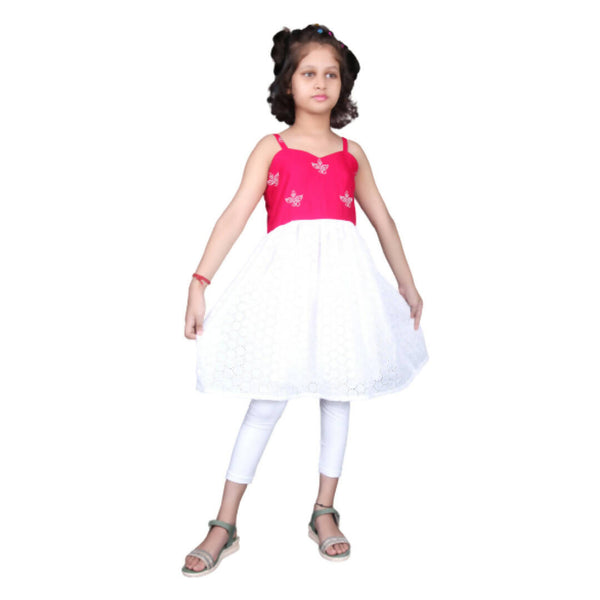Akarshan Pure Cotton Frock Style Kurti With Leggings Set - Pink And White - Distacart