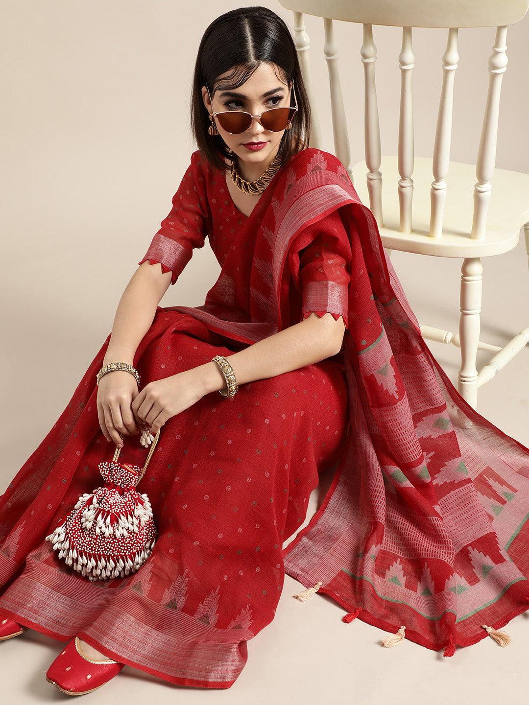 Saree Mall Saree Mall Blazing Red Linen Blend Saree - Distacart