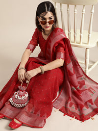Thumbnail for Saree Mall Saree Mall Blazing Red Linen Blend Saree - Distacart
