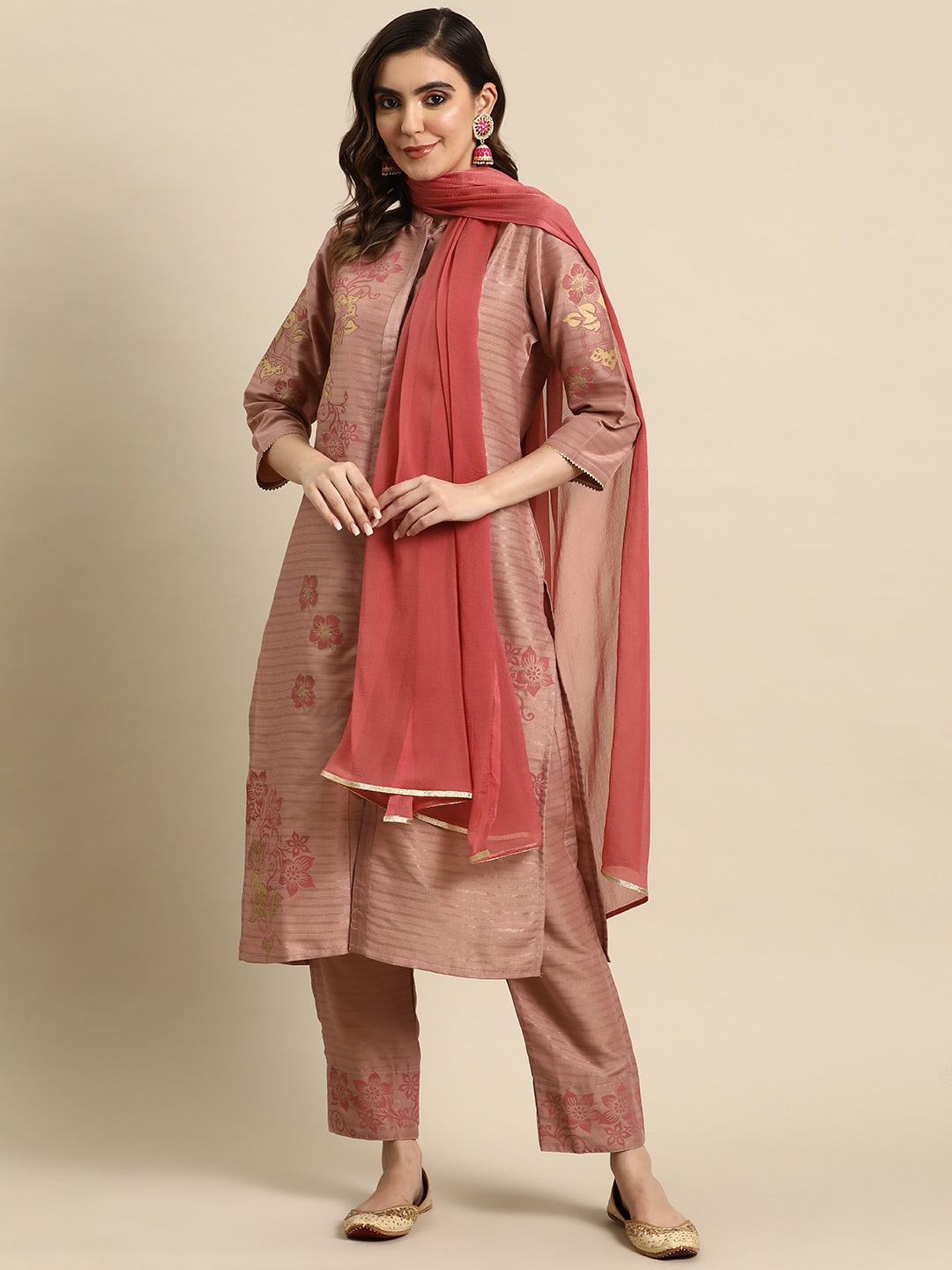 Sangria Women Floral Printed Regular Kurta With Trousers & With Dupatta - Distacart