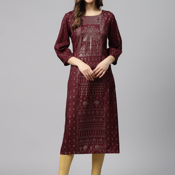 Biba Women Maroon & Golden Printed Straight Kurta - Distacart