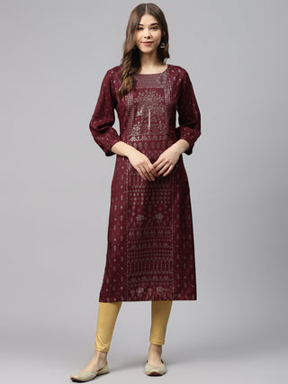 Biba Women Maroon & Golden Printed Straight Kurta - Distacart