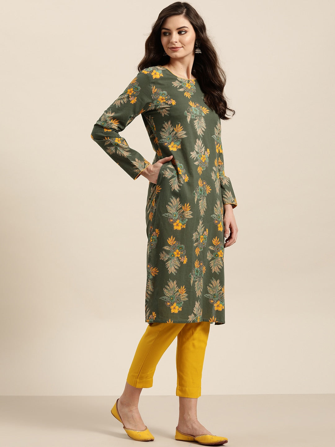 Sangria Women Olive Green & Mustard Yellow Pure Cotton Floral Printed Kurta - Distacart