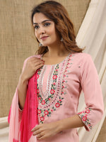Thumbnail for Kalini Women Peach-Coloured Embroidered Thread Work Kurti with Trousers & With Dupatta - Distacart