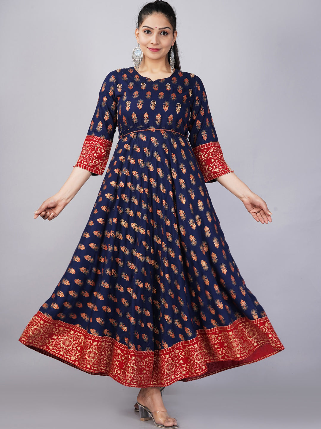 Kalini Women Navy Blue & Red Ethnic Motifs Printed Anarkali Kurta - Distacart