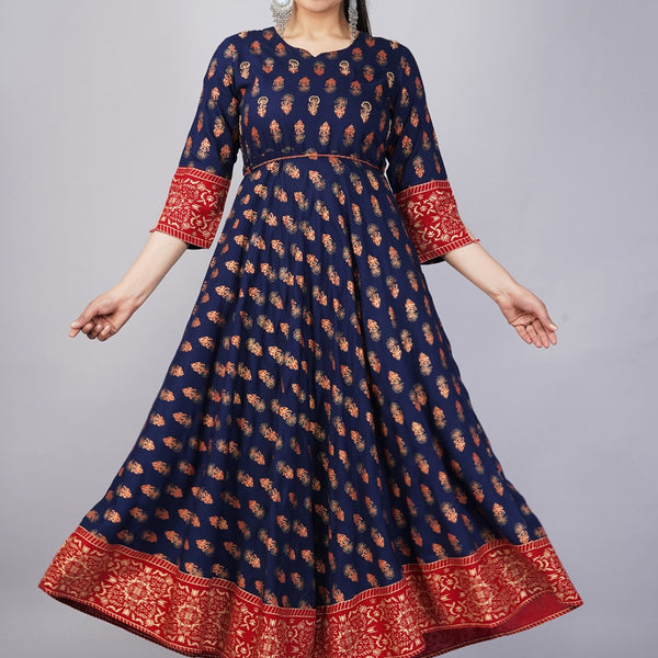 Kalini Women Navy Blue & Red Ethnic Motifs Printed Anarkali Kurta - Distacart