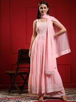 Thumbnail for Kalini Women Pink Floral Embroidered Pleated Mirror Work Kurta with Sharara & With Dupatta - Distacart