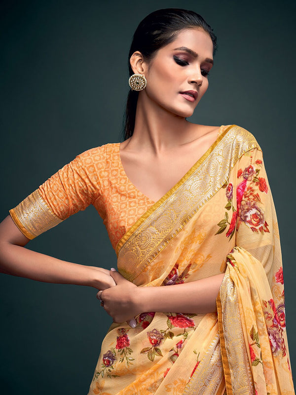 Saree Mall Yellow & Gold-Toned Floral Pure Georgette Banarasi Saree - Distacart