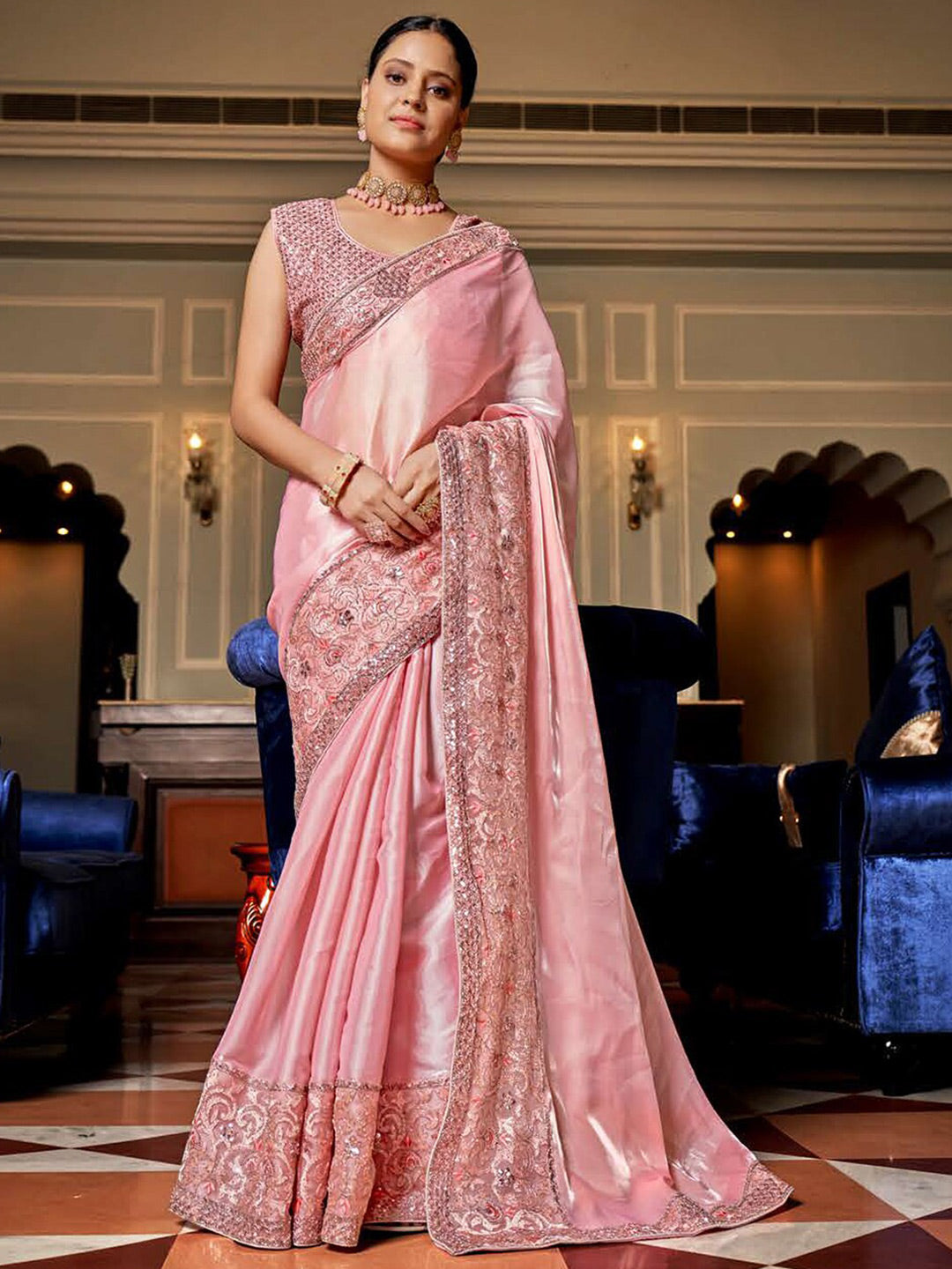 Mitera Pink Embellished Embroidered Organza Saree With Belt - Distacart