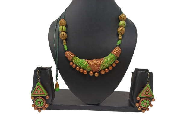 Terracotta Light Green and Gold Tribal Theme Necklace Set with Ear Hangings