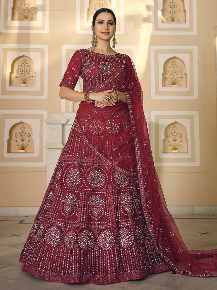 Myra Maroon Soft Net Embroidered Lehenga - Distacart