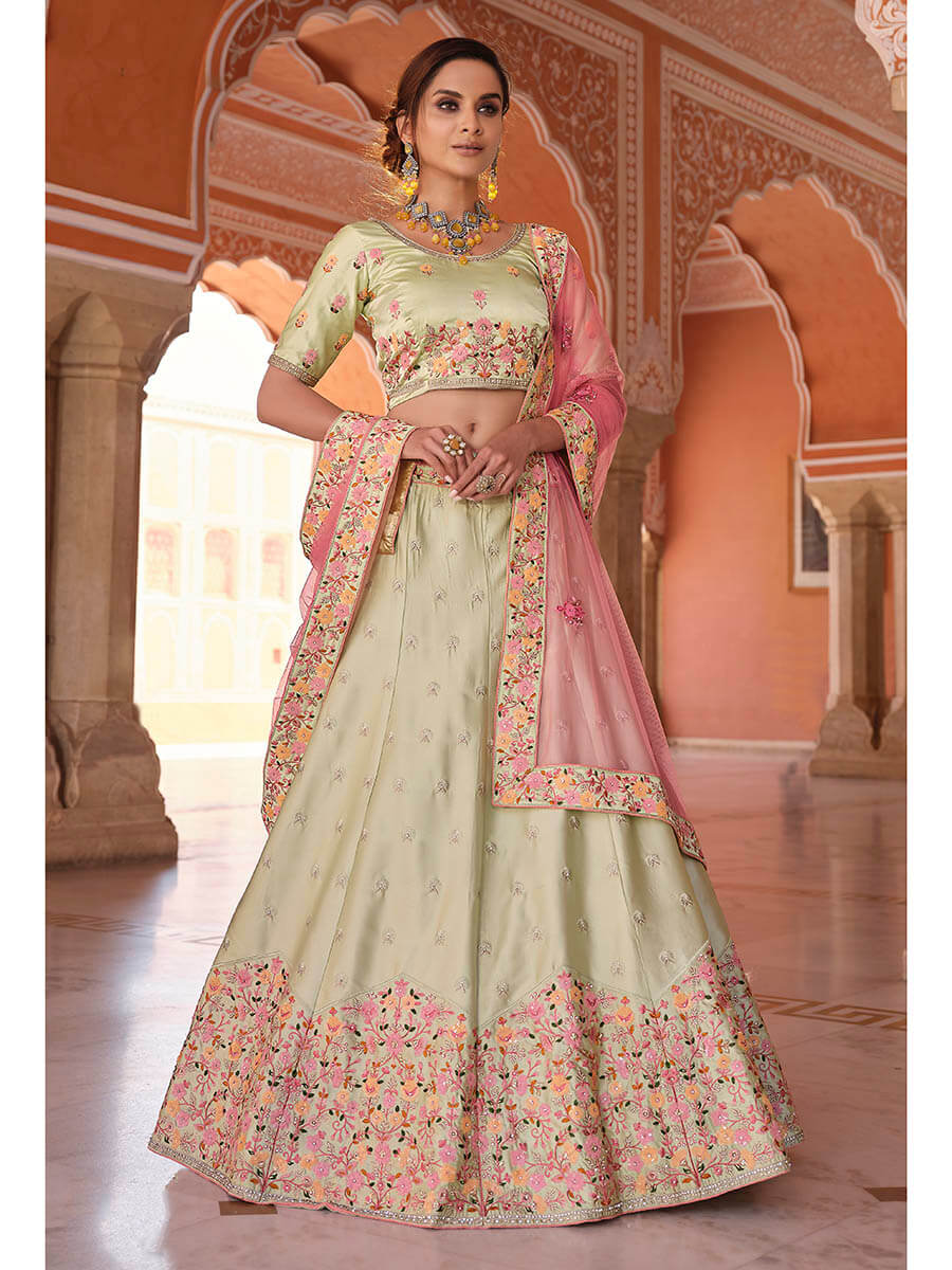 Myra Pista Green Embroidered Designer Lehenga Choli - Distacart