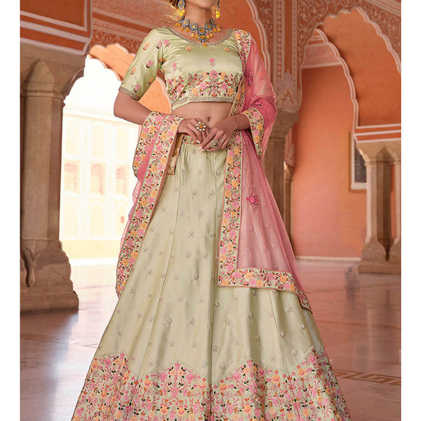 Myra Pista Green Embroidered Designer Lehenga Choli - Distacart