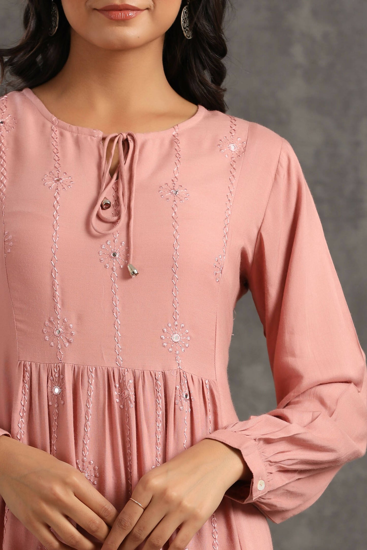Juniper Womens Onion Pink Rayon Solid Maxi Dress With Mirror Embroidery And Full Sleeve - Distacart