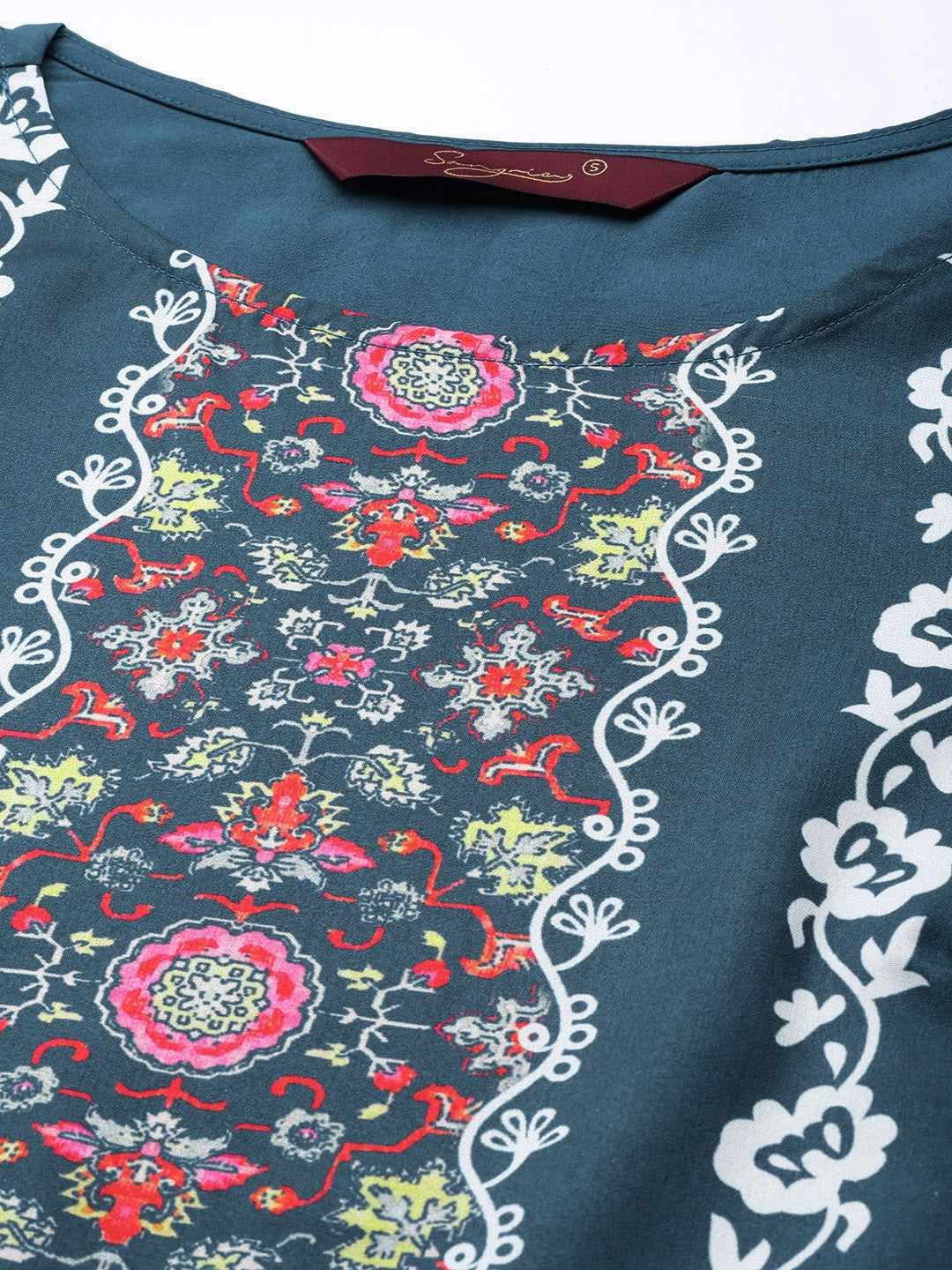 Sangria Women Teal Blue & White Ethnic Printed Straight Kurta with Trousers - Distacart