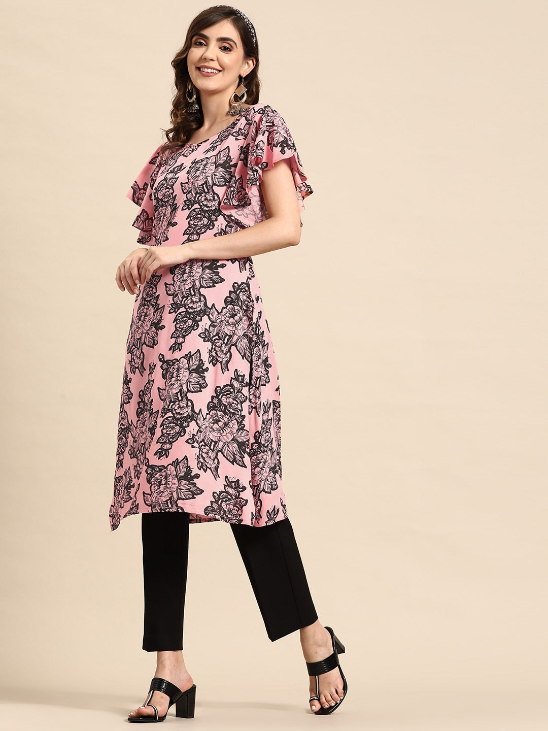 Sangria Floral Print Flutter Sleeves Kurta - Distacart
