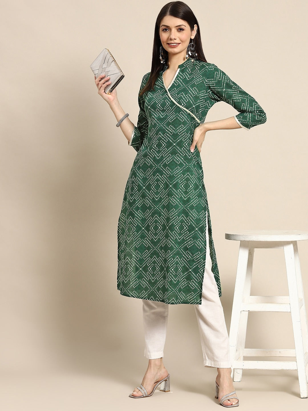 Anayna Women Green & White Bandhani Printed Pure Cotton Gotta Patti Kurta - Distacart