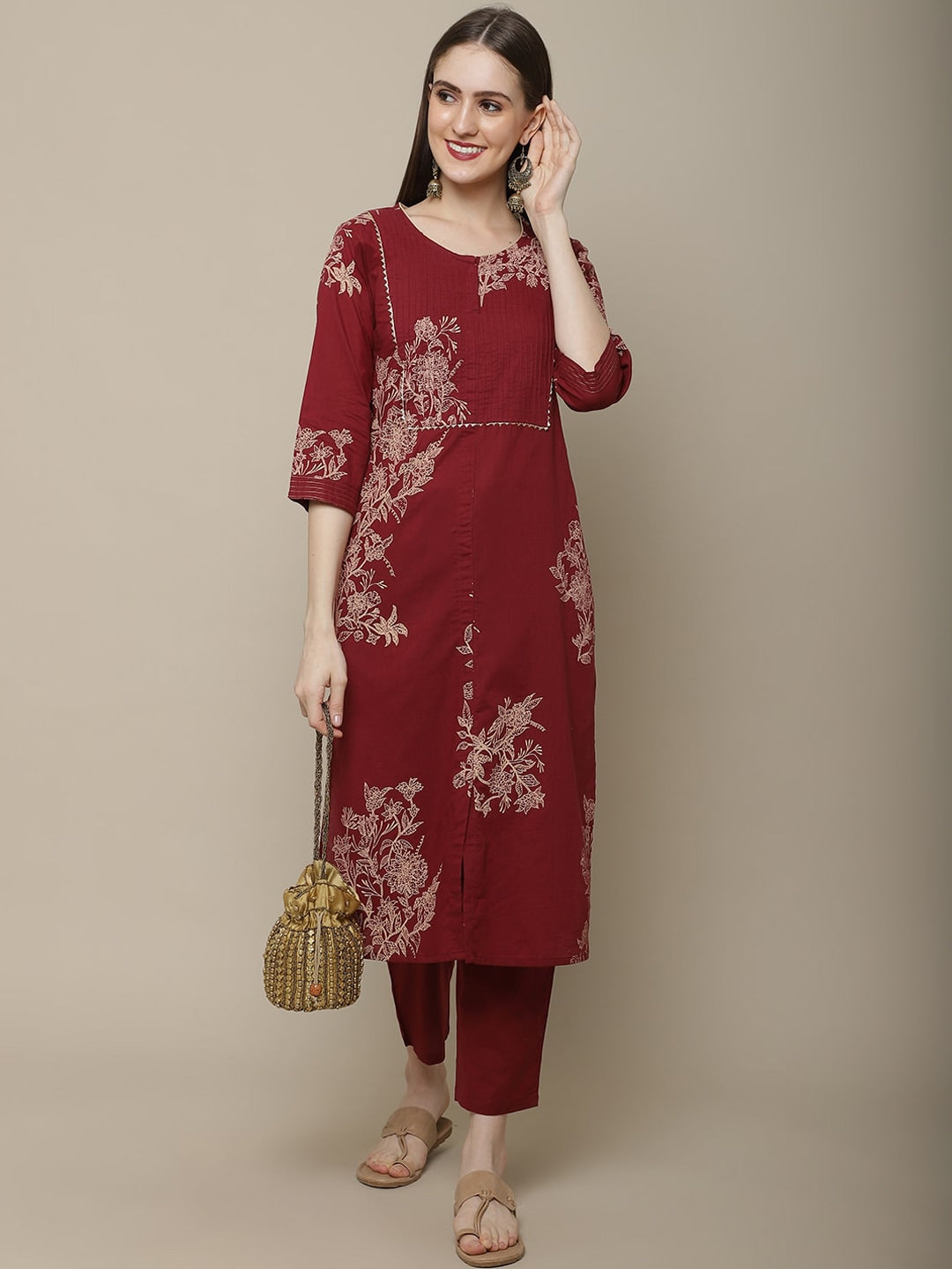 Sangria Women Maroon Floral Printed Pure Cotton Straight Kurta with Trousers - Distacart