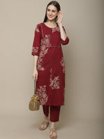 Thumbnail for Sangria Women Maroon Floral Printed Pure Cotton Straight Kurta with Trousers - Distacart