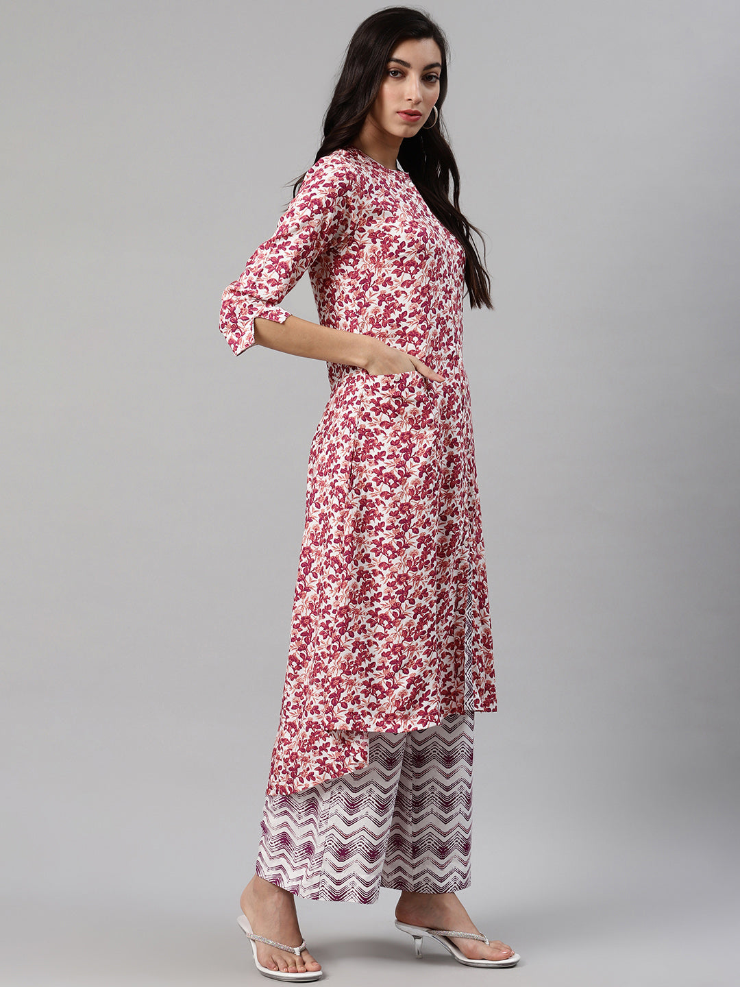 Biba Women Off-White & Magenta Printed Kurta with Palazzos - Distacart