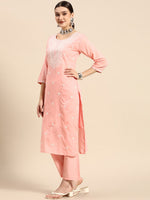 Thumbnail for Sangria Women Pink Embroidered Thread Work Pure Cotton Kurta with Trousers & With Dupatta - Distacart