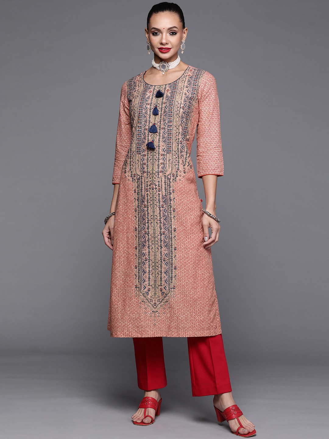 Biba Women Peach-Coloured & Blue Ethnic Motif Printed Kurta - Distacart