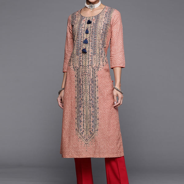Biba Women Peach-Coloured & Blue Ethnic Motif Printed Kurta - Distacart