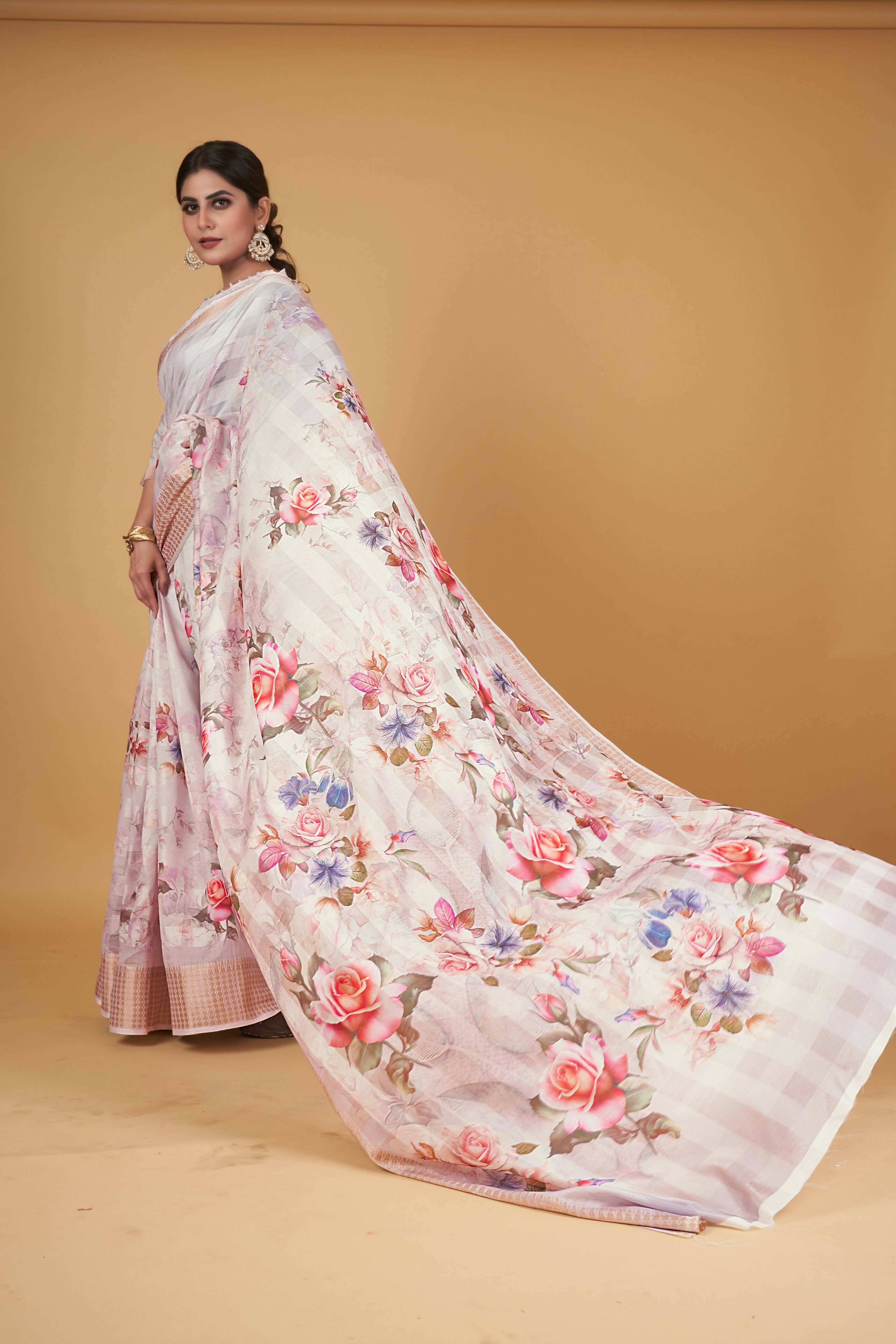 White Cotton Silk Digital Printed Saree With Unstitched Blouse Piece - Alisha - Distacart