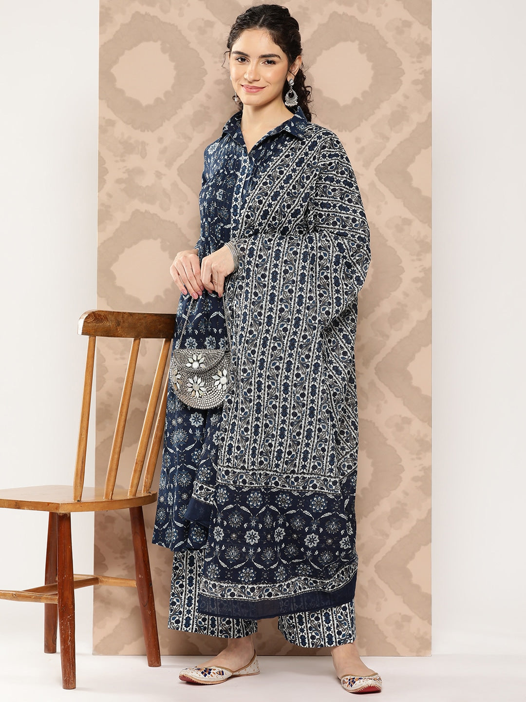 Kalini Ethnic Motifs Printed Pleated Pure Cotton Kurta with Palazzos & Dupatta - Distacart