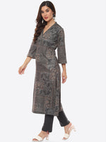 Thumbnail for Biba Women Grey Floral Printed Straight Fit Kurta - Distacart