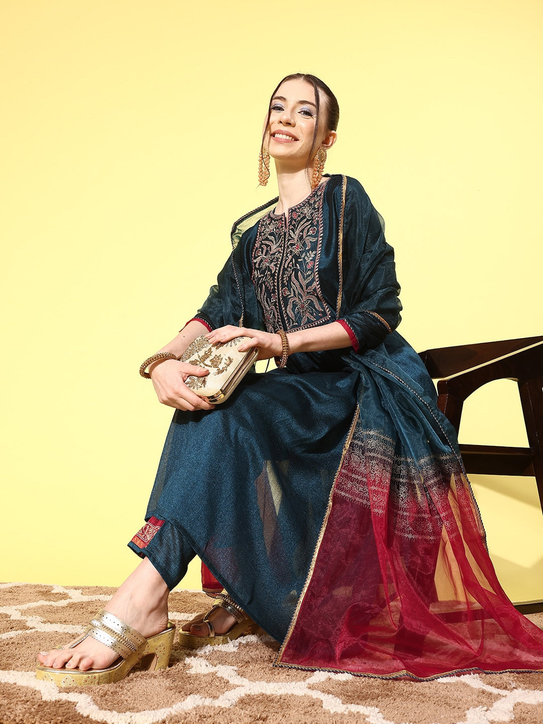 Sangria Women Floral Embroidered Regular Kurta with Trousers & With Dupatta - Distacart