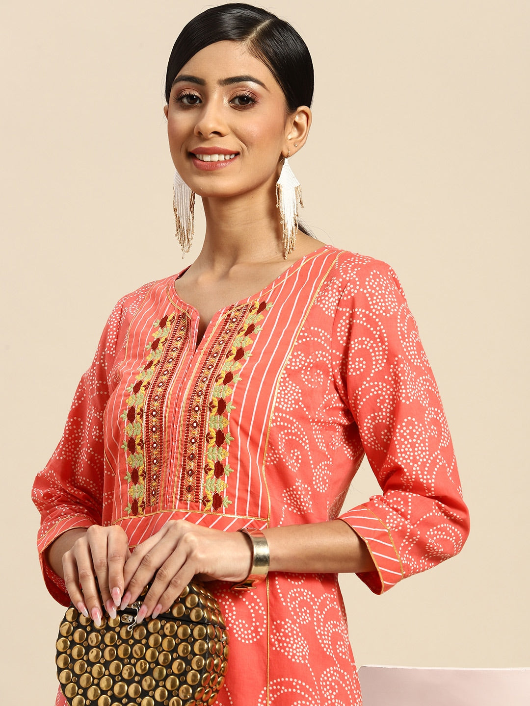 Sangria Women Peach-Coloured Ethnic Printed Mirror Work Pure Cotton Kurta with Trousers - Distacart