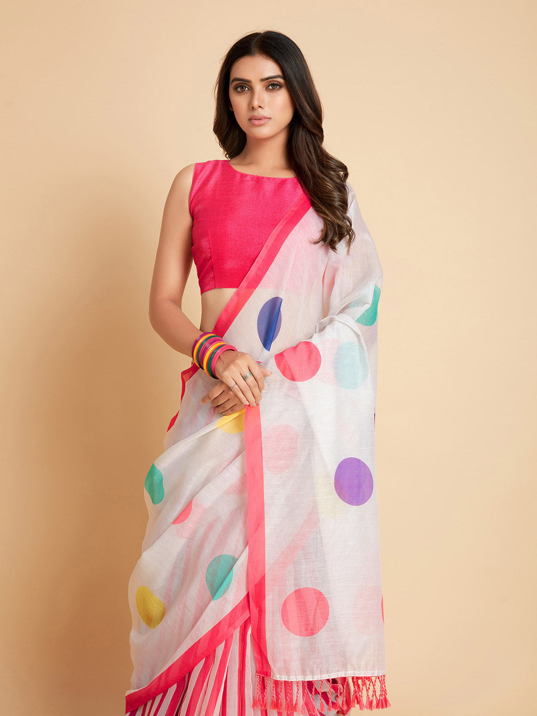 Sangria White & Pink Polka Dotted Saree - Distacart