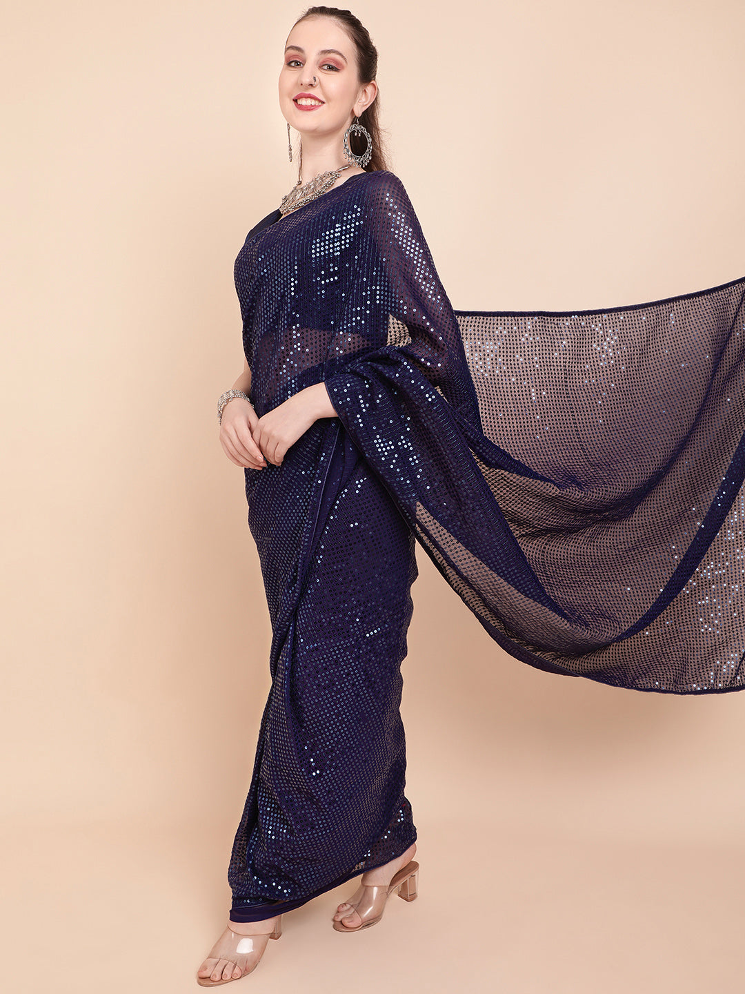 Sangria Navy Blue & Silver-Toned Sequin Embellished Pure Georgette Saree - Distacart