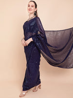 Thumbnail for Sangria Navy Blue & Silver-Toned Sequin Embellished Pure Georgette Saree - Distacart