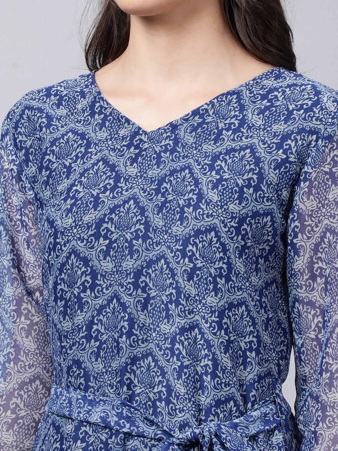 Souchii Blue Ethnic Motifs Printed Chiffon Maxi Tiered Dress - Distacart