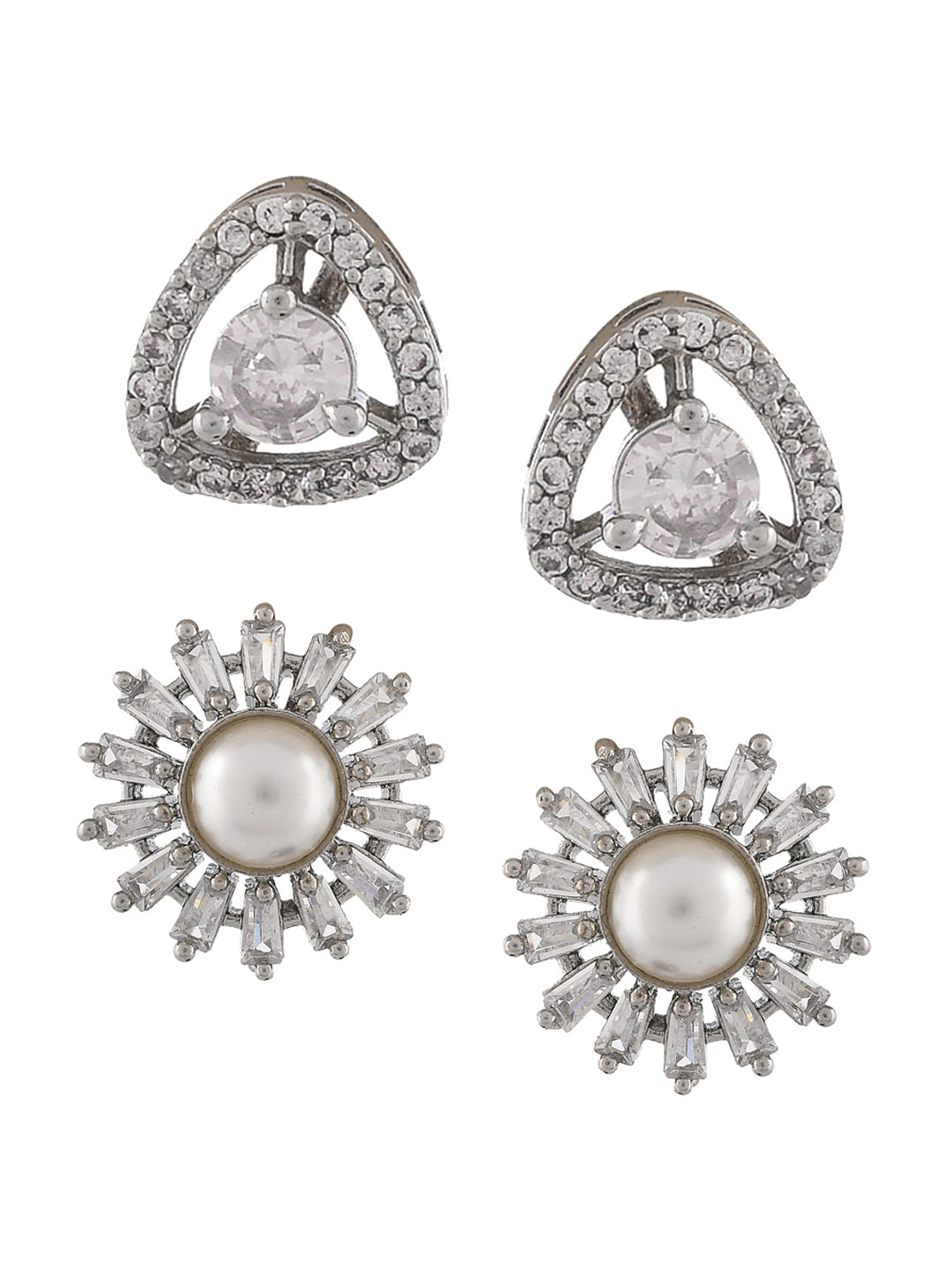Shoshaa Set of 2 Silver-Toned Ad Stones Contemporary Studs Earrings - Distacart