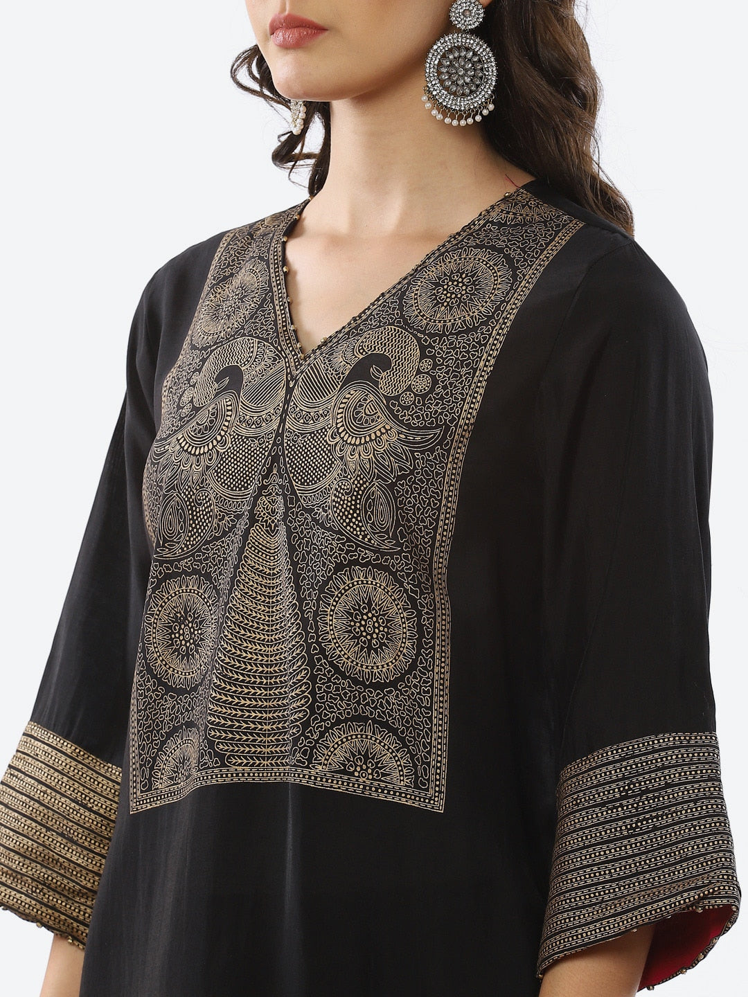 Biba Women Black And Gold Toned Ethnic Motifs Printed Yoke Design Straight Kurta - Distacart