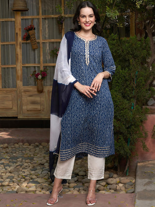Sangria Printed Gotta Patti Pure Cotton Kurta with Trousers & With Dupatta - Distacart