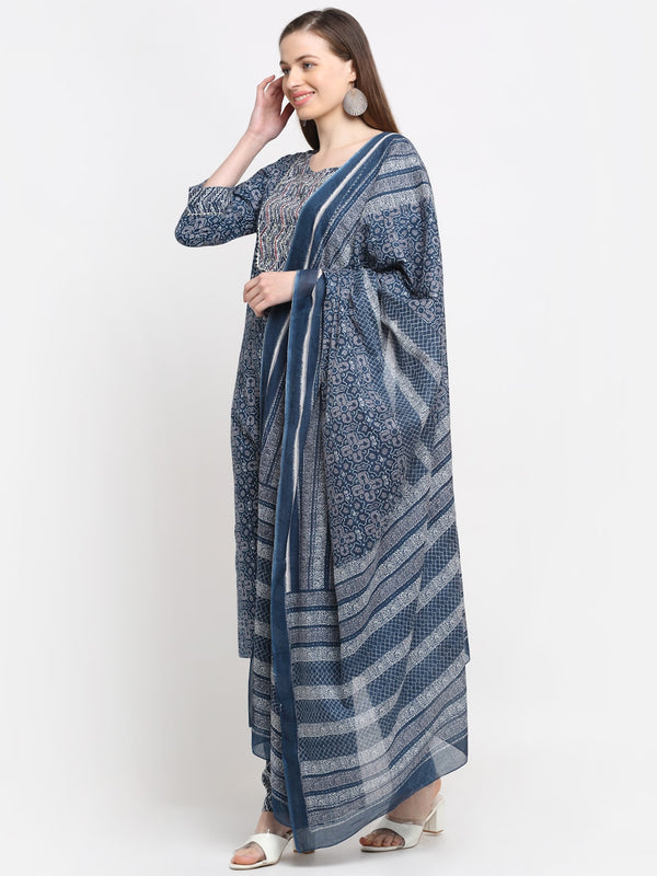 Kalini Women Blue Ethnic Motifs Printed Pure Cotton Kurta with Trousers & With Dupatta - Distacart