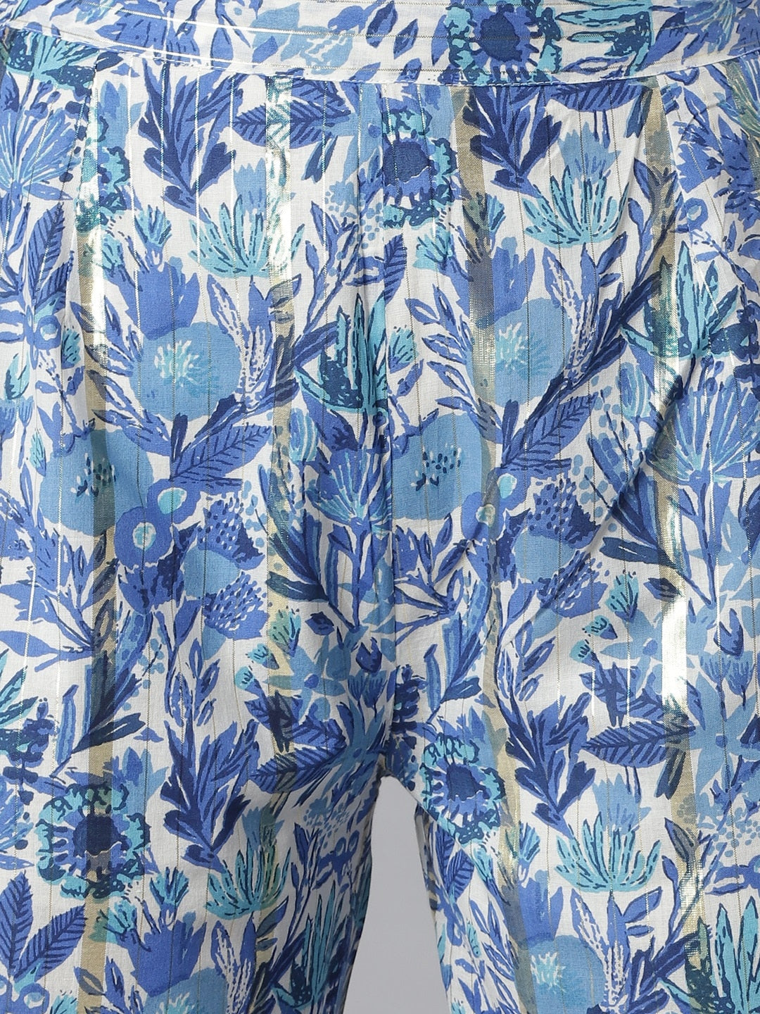Khushal K Women Blue & White Printed Kurta with Palazzos & Jacket - Distacart