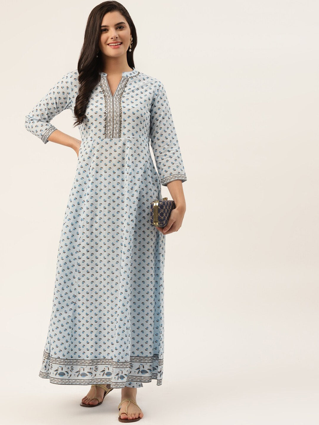 HERE&NOW Women Blue Floral Printed Pure Cotton Kurta with Trousers - Distacart