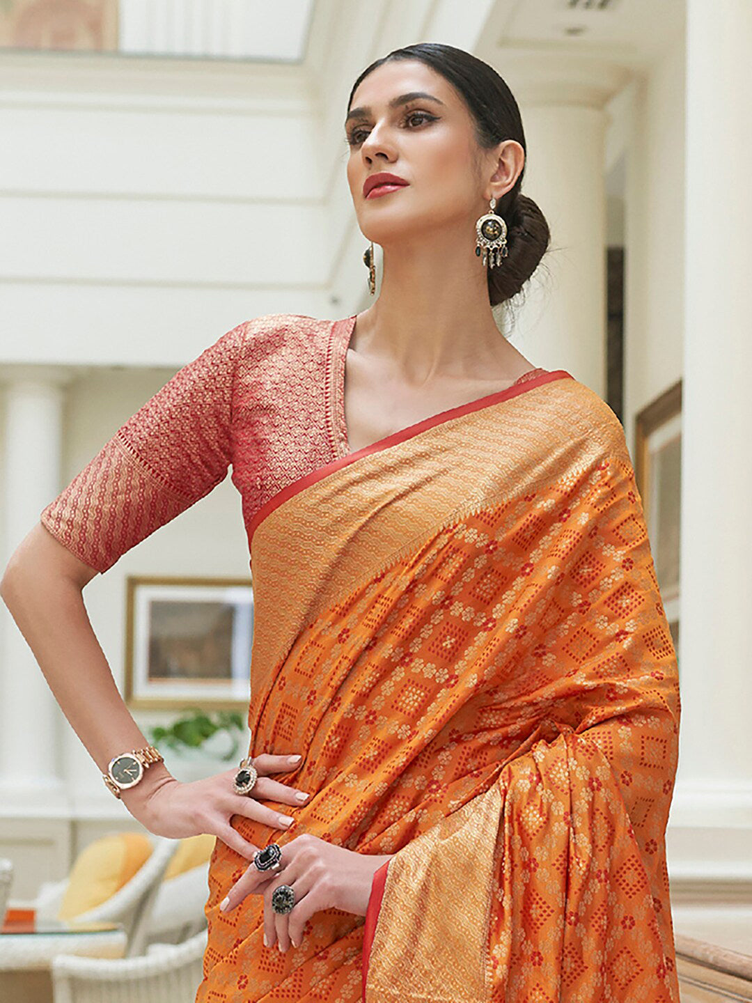 Mitera Women Mustard & Gold-Toned Woven Design Zari Silk Blend Patola Saree - Distacart