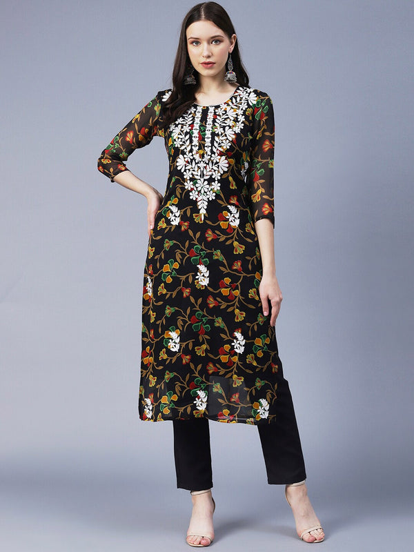Kalini Women Floral Printed Georgette Chikankari Embroidery Kurti - Distacart