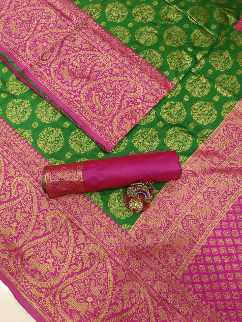 DEIANA'S Beautiful Golden Jari with New Design Soft Lichi Silk Saree - Green - Distacart