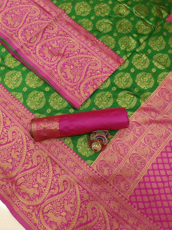 DEIANA'S Beautiful Golden Jari with New Design Soft Lichi Silk Saree - Green - Distacart