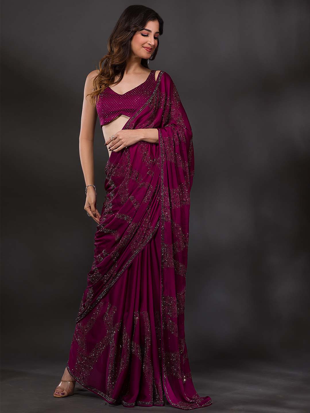 Koskii Embellished Stones Work Poly Crepe Saree With Blouse Piece - Distacart