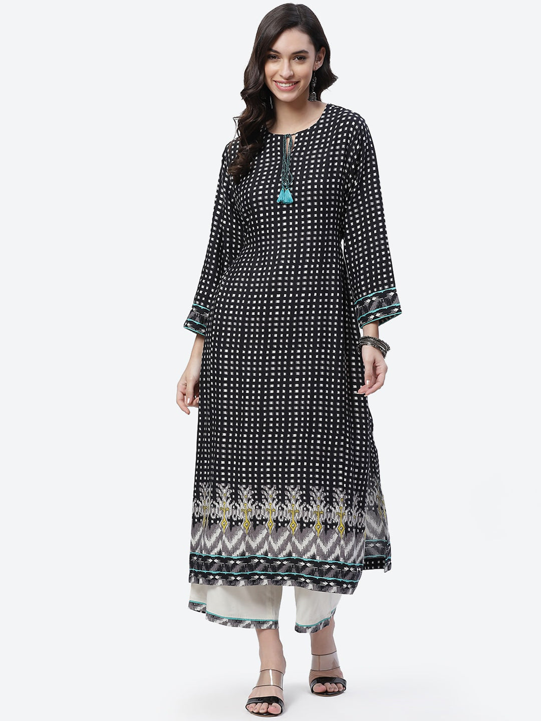 Biba Women Black & White Printed Kurta With Palazzos - Distacart